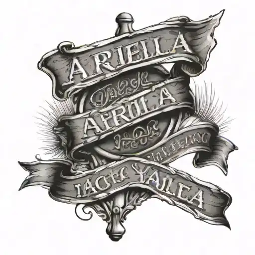 name ariella with street signs incorporated in the back of the name and things that represent family values tattoo design idea