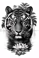 front view of a tiger emerging from a forest with a lotus floating in the water just below its head tattoo design idea