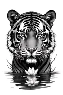 front view of a tiger emerging from a forest with a lotus floating in the water just below its head tattoo design idea