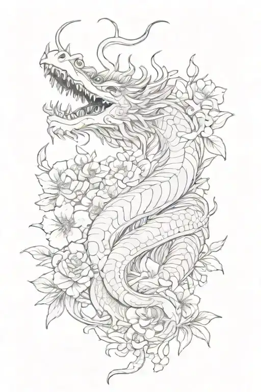 Japanese word that is wrapped around a dragon with flowers tattoo design idea