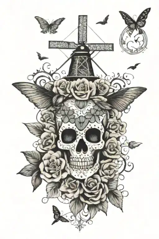 Collage with sugar skull at the center and a windmill, hummingbird, monarch butterfly, and cardinal around the edges.  tattoo design idea
