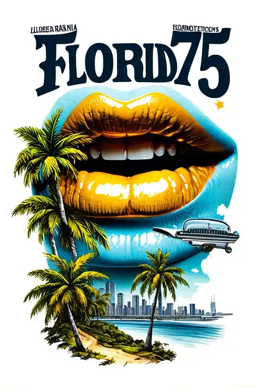 Florida interstate 75 tattoo with palm trees and  girl lips with gold teeth tattoo stencil realistic with city skyline  tattoo design idea