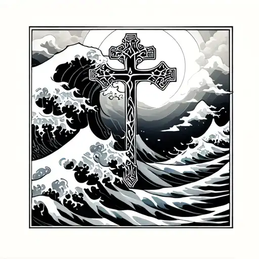 Japanese wave behind Christian cross intertwined tattoo design idea