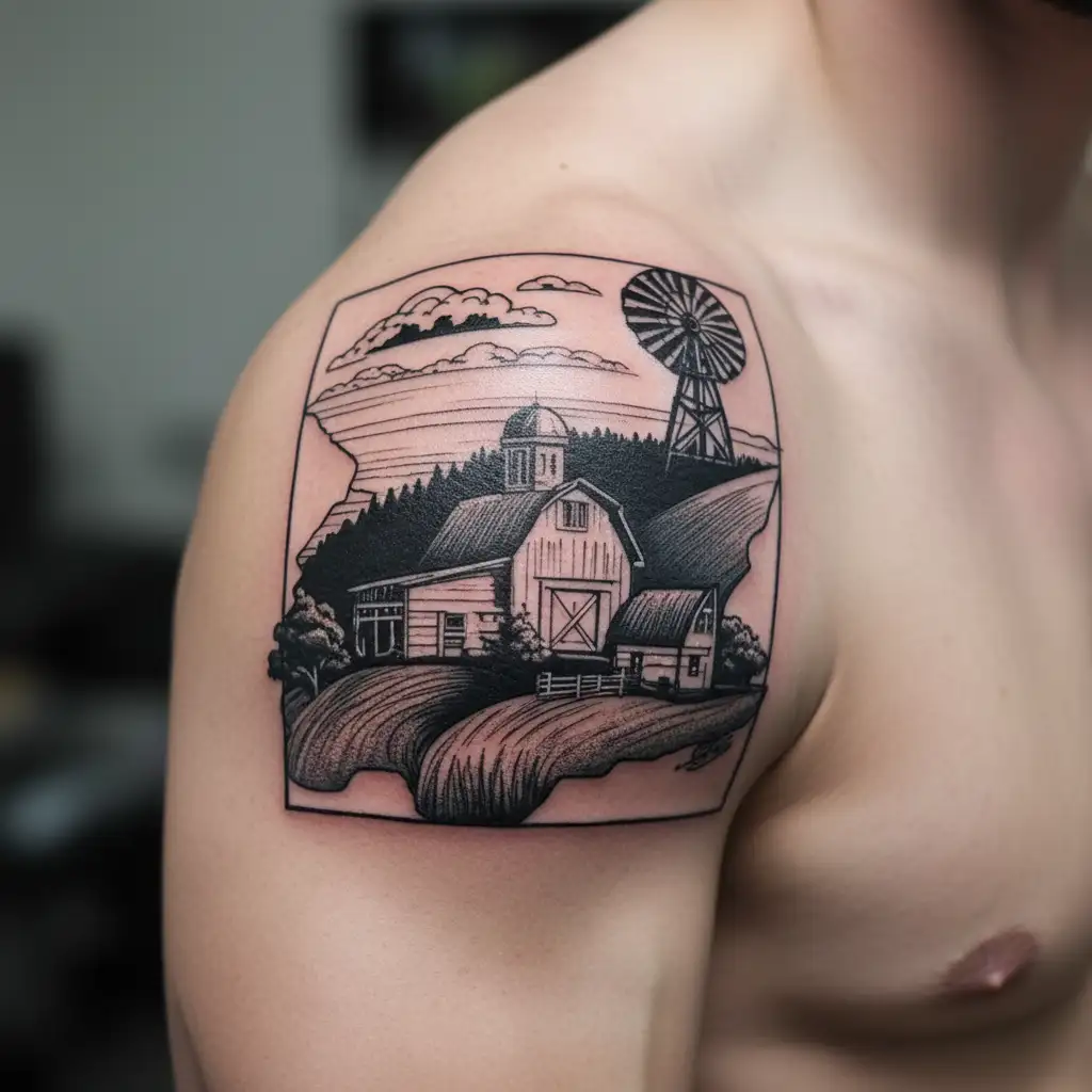 iowa scenery with farm and  tattoo design idea