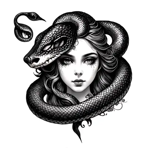 A neo-traditional gothic tattoo design in black and grey, featuring a vintage-style woman's face with a snake wrapped ar tattoo design idea