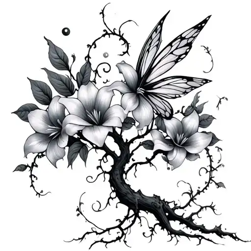 A beautiful fairy like tree with long thin moonflower vine tattoo design idea