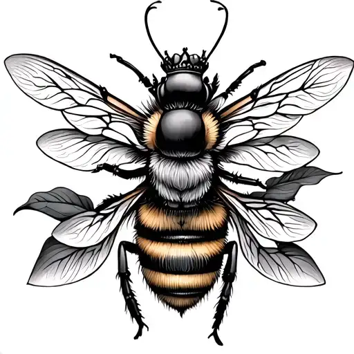 bee with lotus flowers & crown tattoo design idea