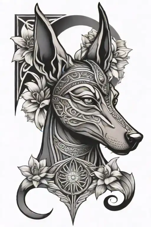 Anubis with eye of Horus and lotus flower blooming  tattoo design idea