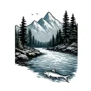 A river running down from mountains with pine trees either side and at the bottom of the stream there is a fish tattoo design idea