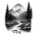 A river running down from mountains with pine trees either side and at the bottom of the stream there is a fish tattoo design idea