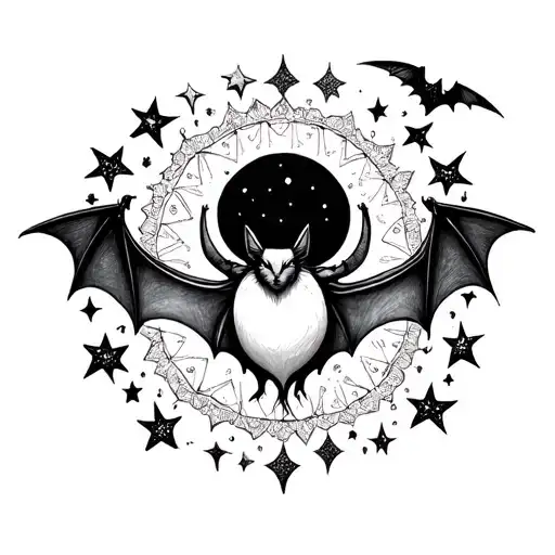 mandala bat with moon surrounded by stars tattoo design idea