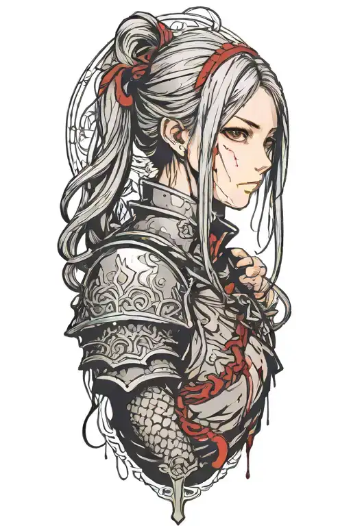 Dark Souls with hair with pigtails with blood on face Shoulder portrait tattoo design idea