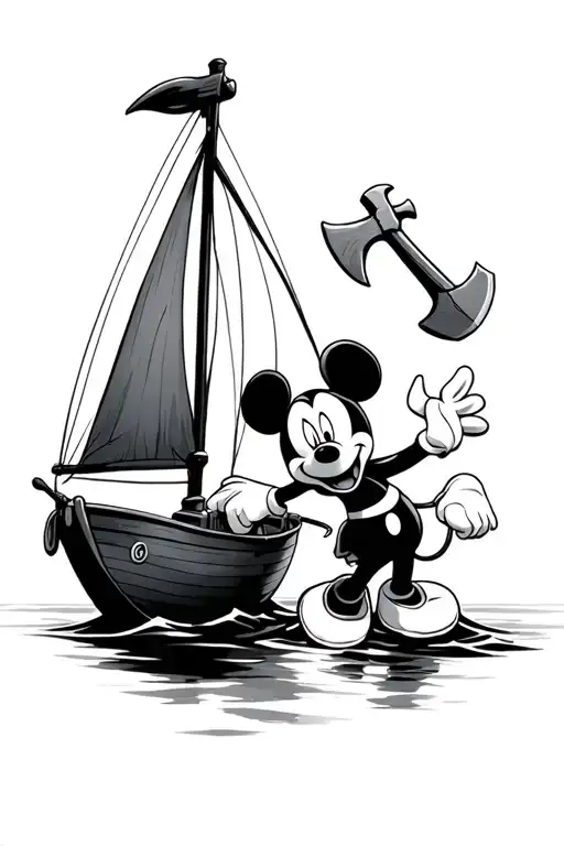 small sail boat with axe taking over and a minnie mouse  tattoo design idea