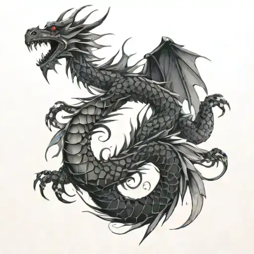 tatoo dragon black. for chest. volume shadow. geometric line. white background tattoo design idea