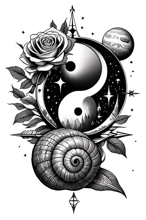 snail with skull shell, yinyang inside compass, hourglass, rose with arrows as stems, mountain, stars, planets tattoo design idea
