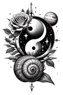 snail with skull shell, yinyang inside compass, hourglass, rose with arrows as stems, mountain, stars, planets tattoo design idea