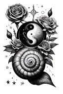 snail with skull shell, yinyang inside compass, hourglass, rose with arrows as stems, mountain, stars, planets tattoo design idea