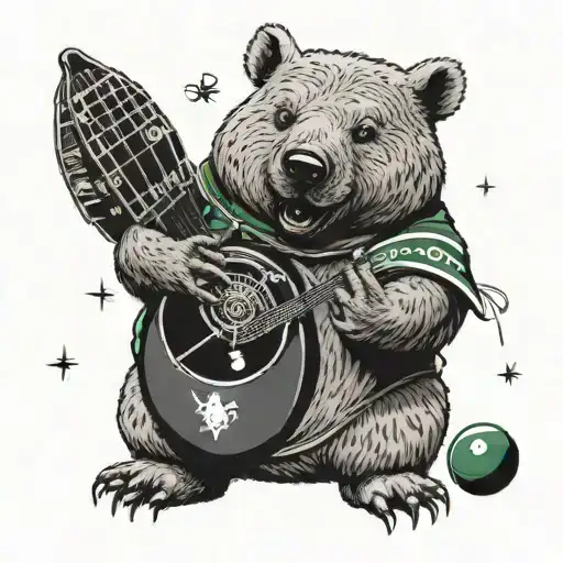A wombat playing a yoyo with a Boston Celtics jersey on, surrounded by music notes and symbols tattoo design idea