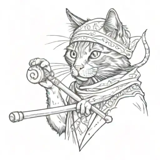 a black cat with a bandana on his head holding a drumstick in his mouth at full height tattoo design idea