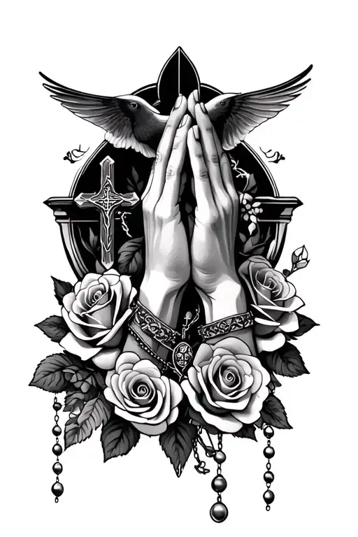 prayer hands praying with roses and cross and rosary beads and swallow with realism for top of left hand tattoo design idea