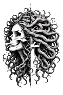 Medusa with her face half flesh and half skull vertically split but nice and subtle transition facing forward  tattoo design idea