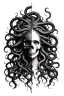 Medusa with her face half flesh and half skull vertically split but nice and subtle transition facing forward  tattoo design idea