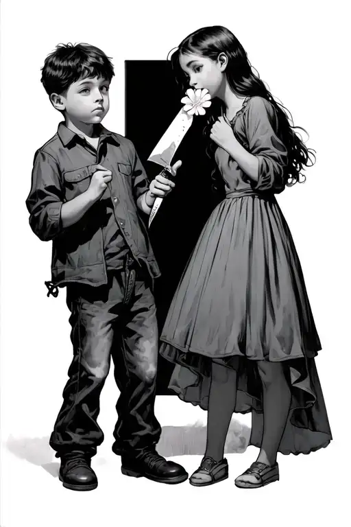 17 yers old girl holding lilipop 18 yers old boy. boy holding a knife and pointing it at the girl who wants to giv  tattoo design idea