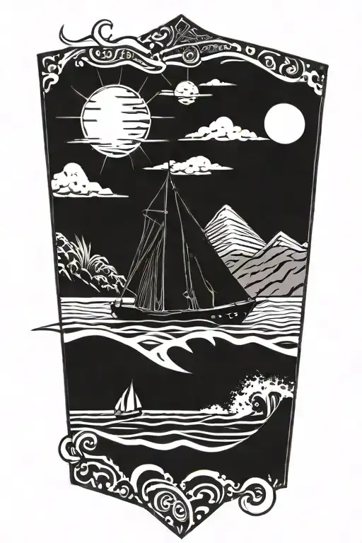 beach scene featuring a mpdern  fishing boat inside a triangle tattoo design idea