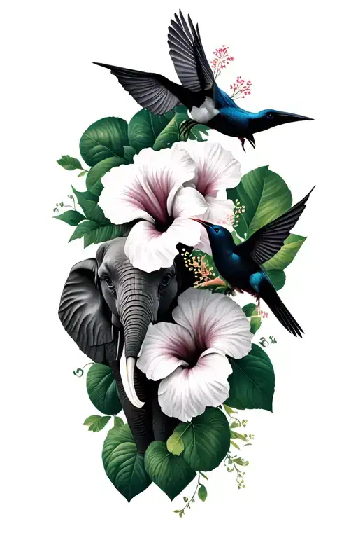 mix of hibiscus flowers and morning glory flowers in black, elephant, black bird and a humming bird in realistic gree tattoo design idea