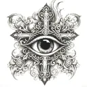 Cross and purgatory eye in the middle surrounded tattoo design idea