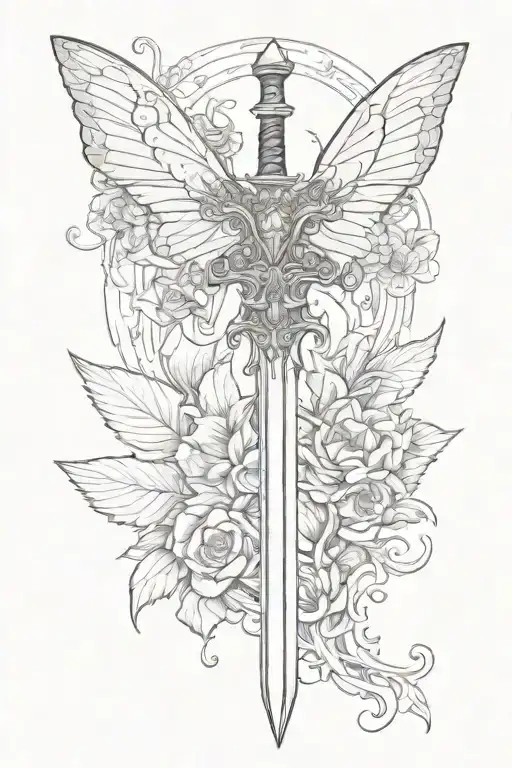 sword with butterfly half angel half tattoo design idea