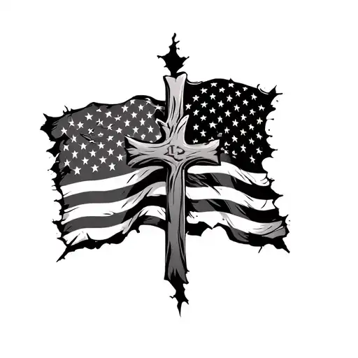 Ripped american flag with cross infront of it  tattoo design idea