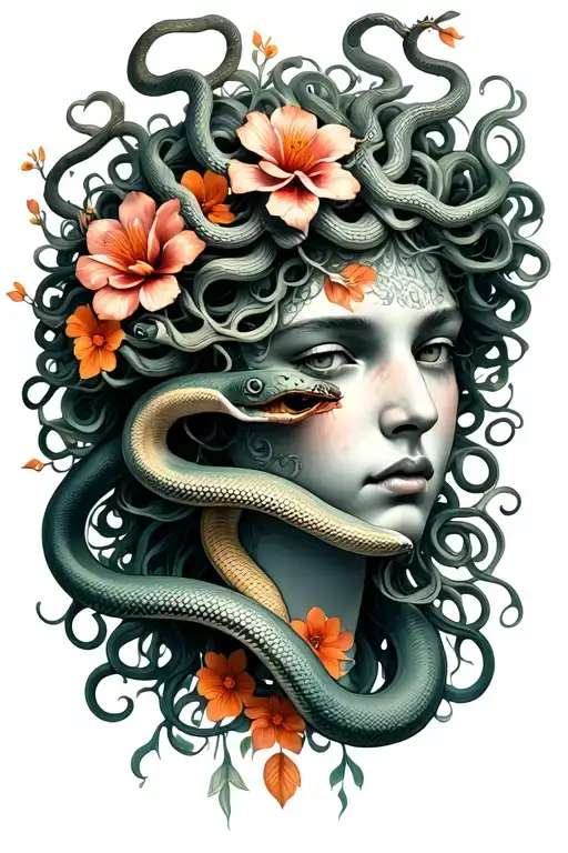 medusa head with snakes and flowers tattoo design idea