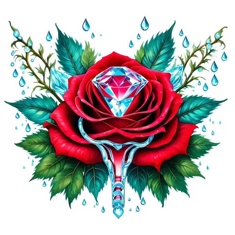 aquamarine diamond in center, red rose, rain drops, surrounded by uterus and ovaries,  tattoo design idea