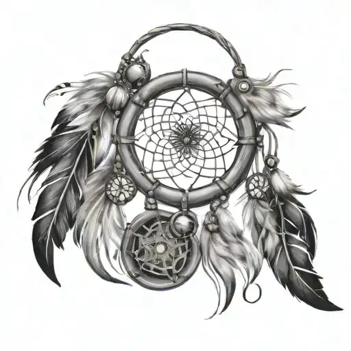 A tattoo design of a dreamcatcher with family names woven into the design, surrounded by symbols of love, respect, and power, with a subtle nod to the client's occupation as a gambler tattoo design idea