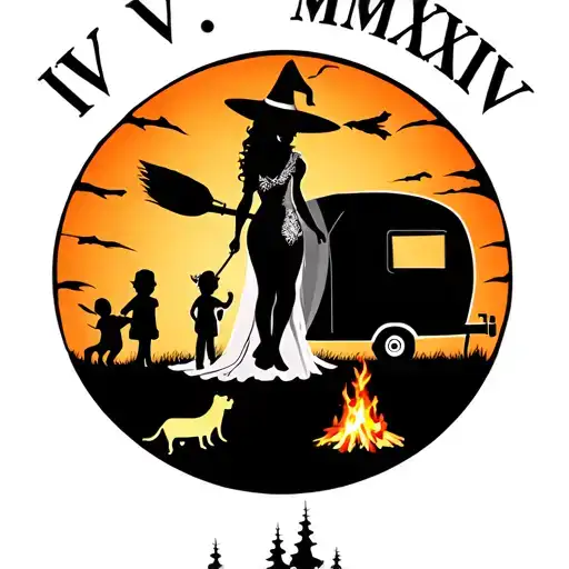 "IV V MMXIV" "IV V MMXIV" "IV V MMXIV" silhouette of busty sexy witch bride on broomstick over a campsite with a trailer and campfire with children & dog tattoo design idea