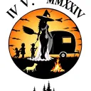 "IV V MMXIV" "IV V MMXIV" "IV V MMXIV" silhouette of busty sexy witch bride on broomstick over a campsite with a trailer and campfire with children & dog tattoo design idea