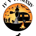 "IV V MMXIV" "IV V MMXIV" "IV V MMXIV" silhouette of busty sexy witch bride on broomstick over a campsite with a trailer and campfire with children & dog tattoo design idea