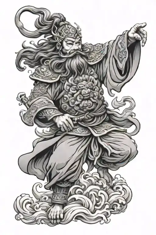 guan yu flowing, Japanese style, foo dog roaring tattoo design idea