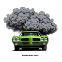 1969 GTO judge in the color Forrest green with a cloud of smoke from the engine that says BONSAI tattoo design idea
