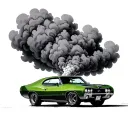 1969 GTO judge in the color Forrest green with a cloud of smoke from the engine that says BONSAI tattoo design idea