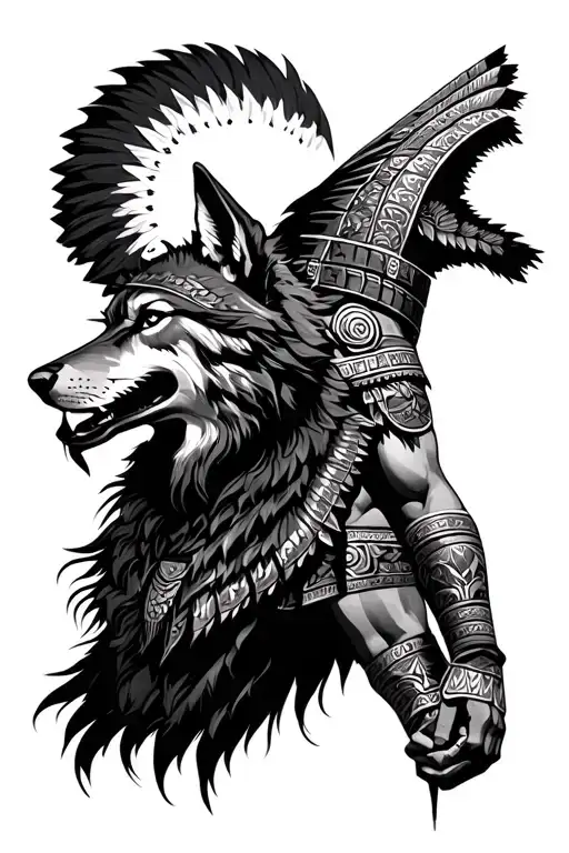 Aztec warrior with wolf howling under him tattoo design idea