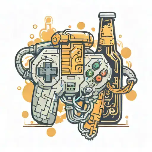 A pixelated video game controller intertwined with a beer bottle and a bottle opener, symbolizing your love for gaming and drinking tattoo design idea