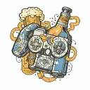 A pixelated video game controller intertwined with a beer bottle and a bottle opener, symbolizing your love for gaming and drinking tattoo design idea