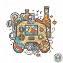 A pixelated video game controller intertwined with a beer bottle and a bottle opener, symbolizing your love for gaming and drinking tattoo design idea