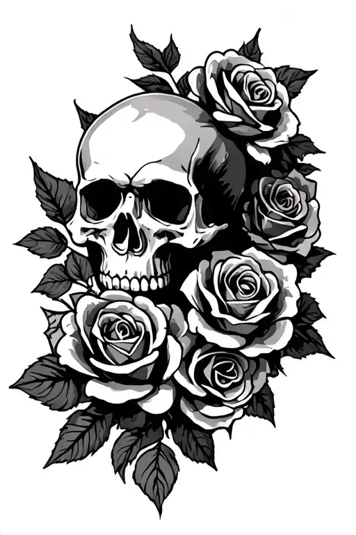 Upper arm-shoulder half-sleeve; skull+roses; black&grey; 2:3; biceps wrap; stencil tattoo design idea