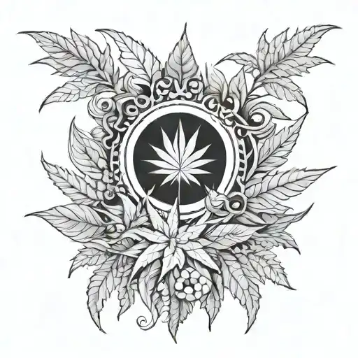 marijuana centerpiece surrounded by beautiful sharp designs tattoo design idea