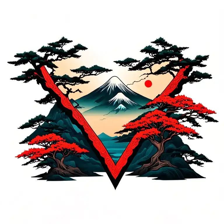 V shaped tattoo with some montain and tree desighn  tattoo design idea
