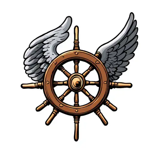 captains wheel with angel wings tattoo design idea