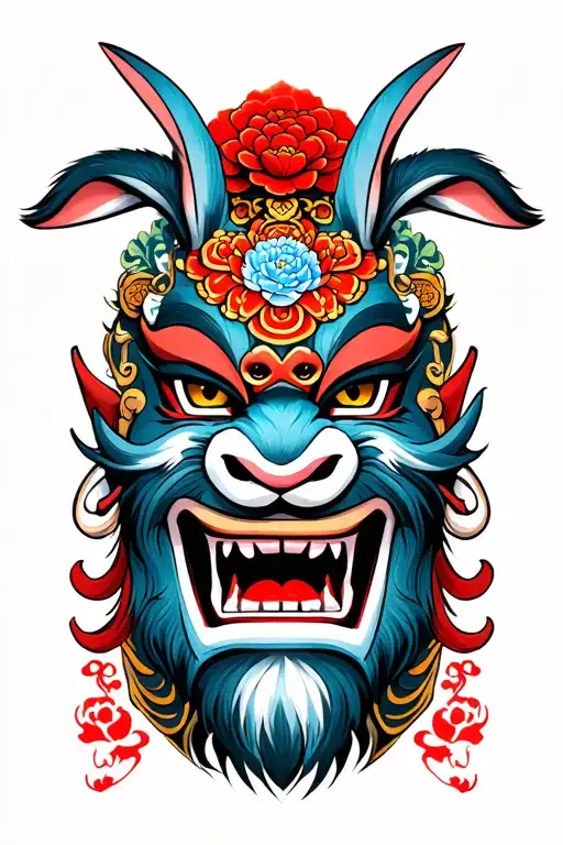 japanese oni mask with rabbits tattoo design idea